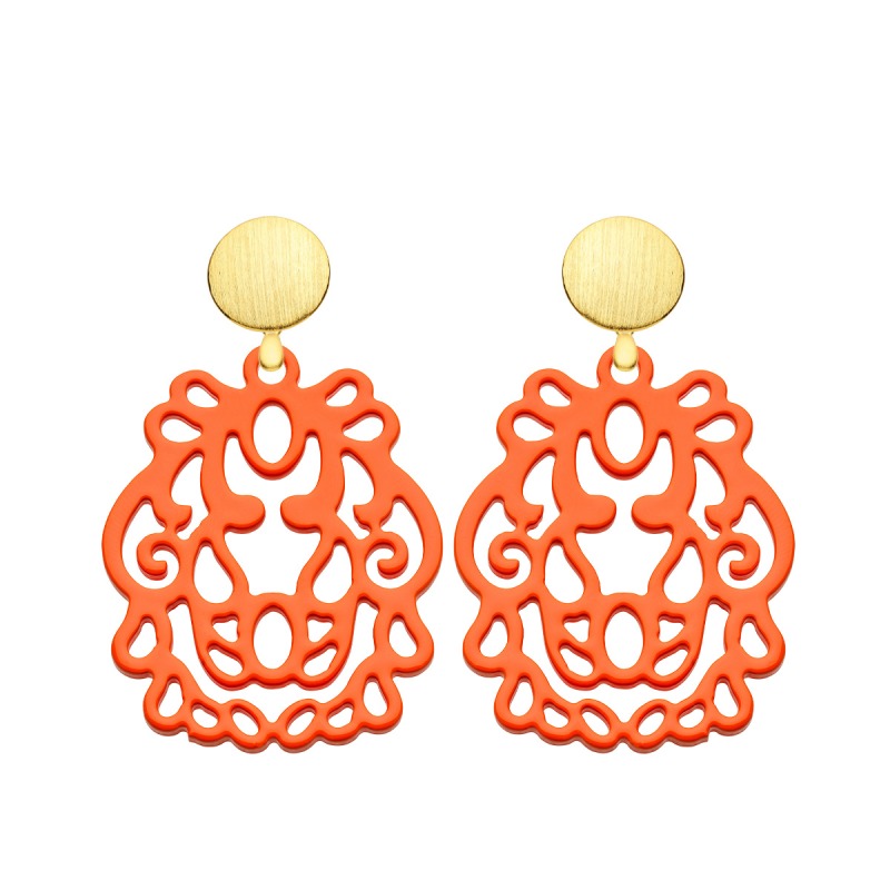 Orange Ohrringe groß aus Horn mit Wechselsystem in Gold von Romy North