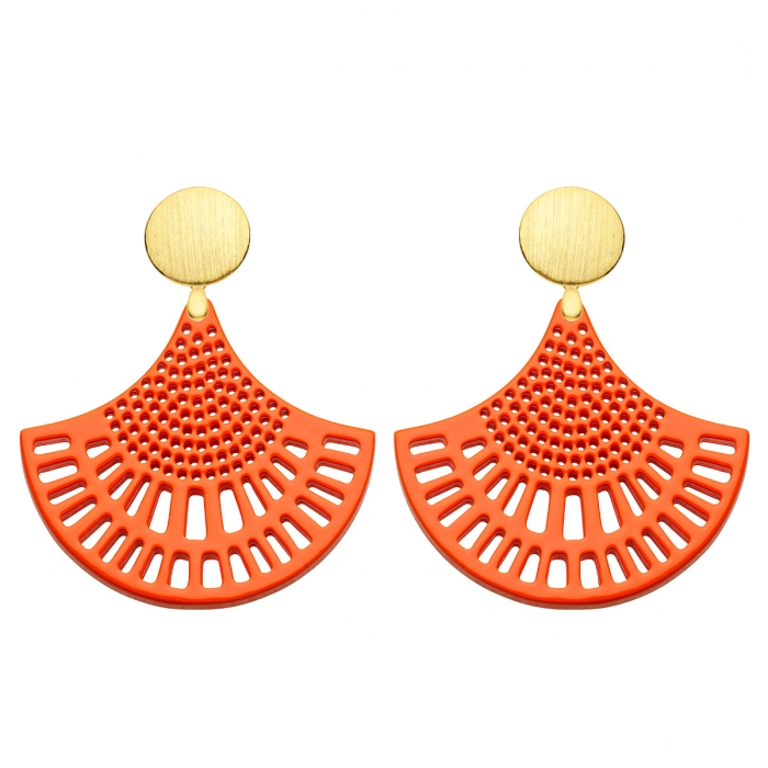 Ohrringe orange gold mit Ornamenten aus Horn mit Wechselsystem von Romy North