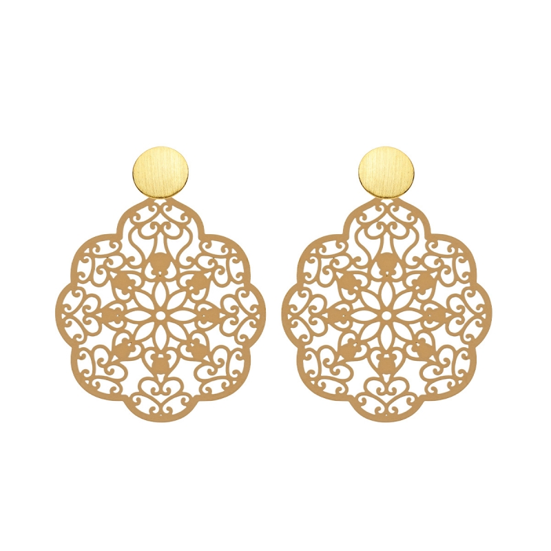Ohrringe Blätter mit Ornamente aus Messing mit matte Goldstecker von Romy North