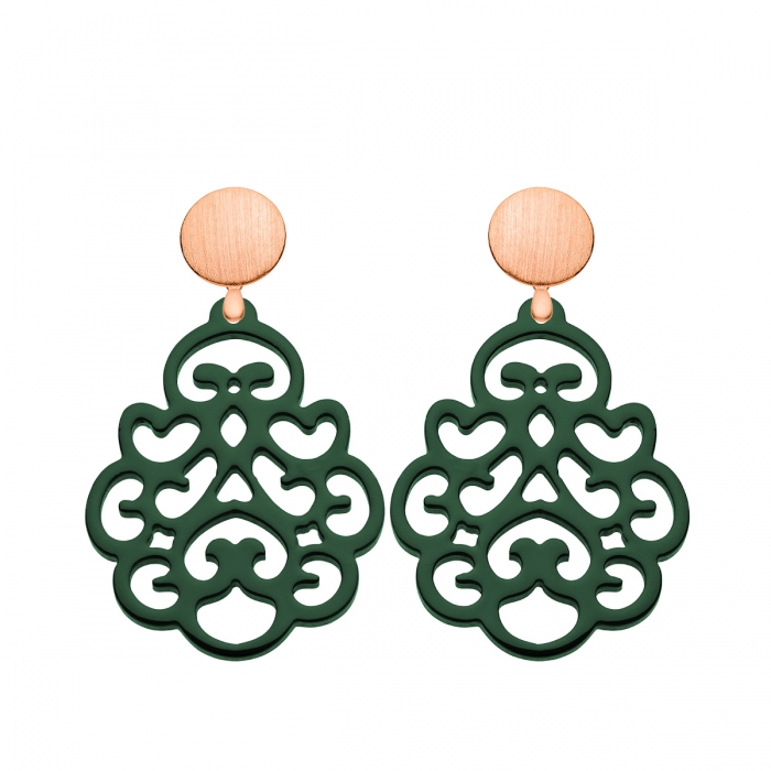 Ohrringe dunkelgrün mit Ornamenten mit Rosegold Wechselsystem von Romy North