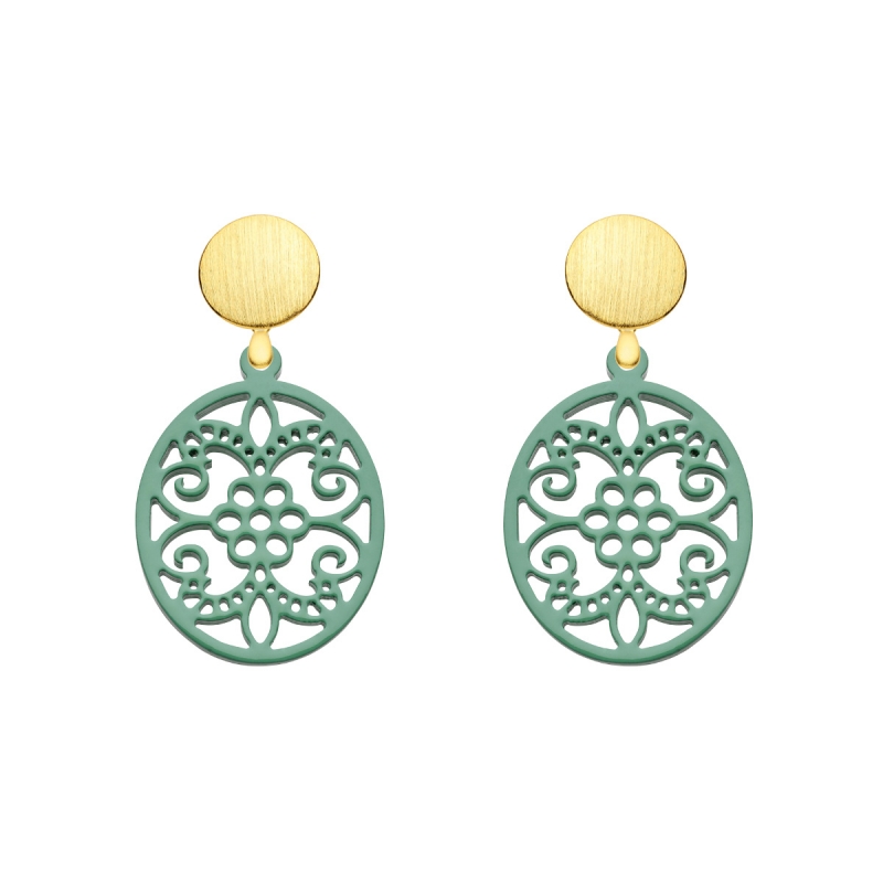 Ohrringe mit Wechselsystem und mit Ornamenten aus Horn in Jadegrün mit Goldstecker von Romy North