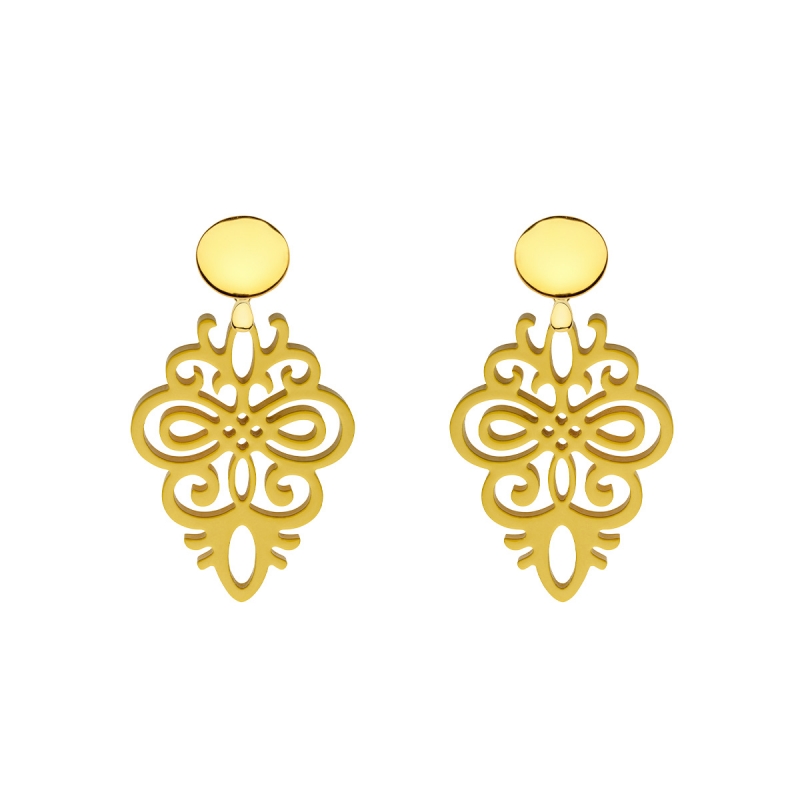 Ohrringe gelb aus Horn mit Ornamenten und Goldstecker aus der Saona Kollektion von Romy North