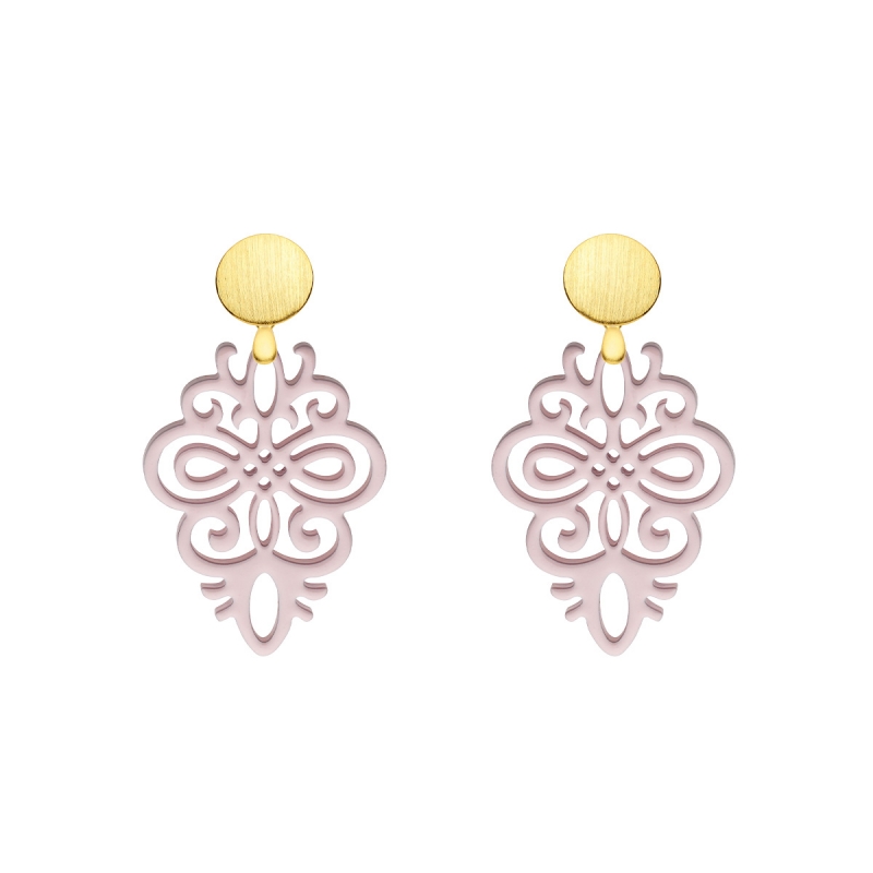 Ohrringe rosa aus Horn mit matte Goldstecker mit Ornamente aus der Saona Kollektion von Romy North