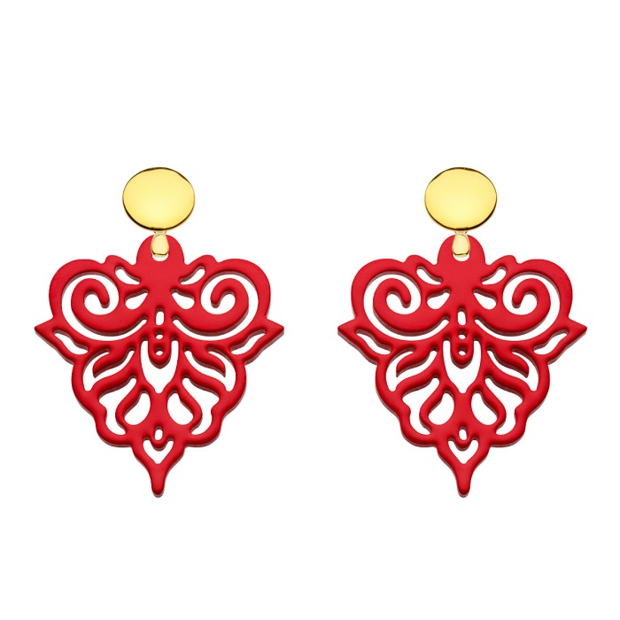 Rote Ohrringe mit verspielten Ornamenten aus Horn