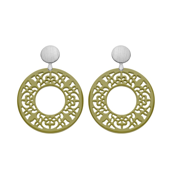 Ohrringe Ornament rund in Olivgrün mit matte Silberstecker von Romy North