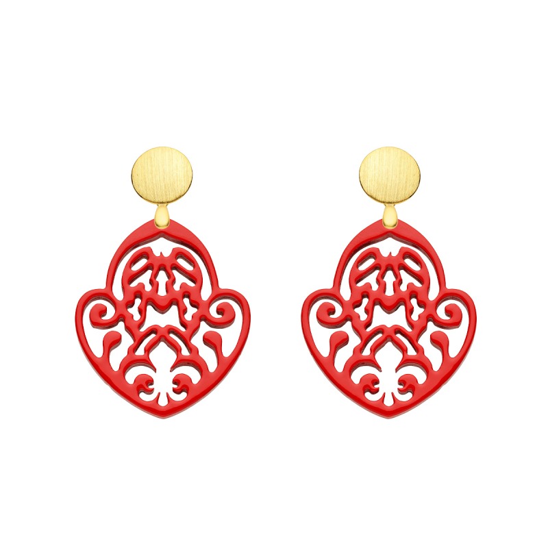 Ohrringe Rot mit Ornamente aus geschnitztem Norn mit matte Goldstecker von Romy North