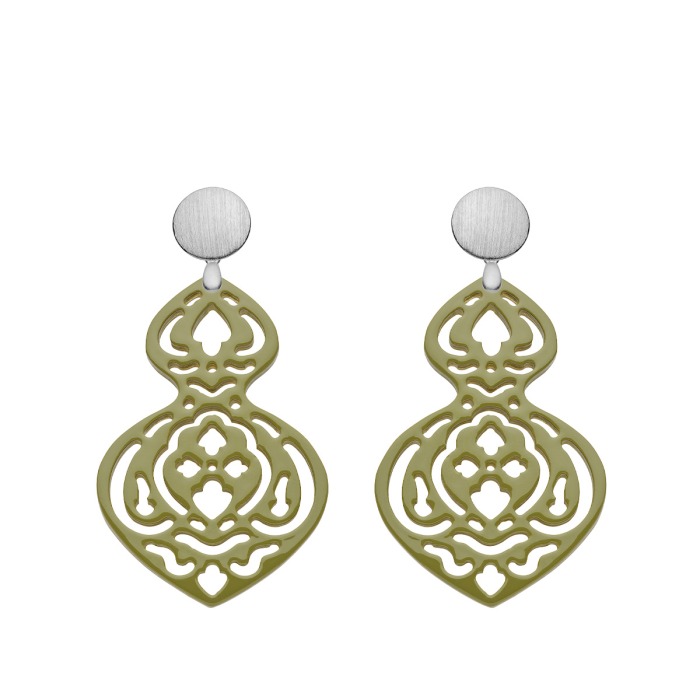 Horn Ohrringe Ornamenten in Olivgrün mit Silberstecker von Romy North