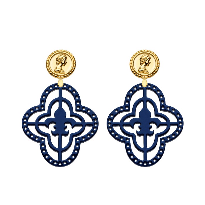 Blaue Ohrringe mit Ohrstecker Münze in Gold