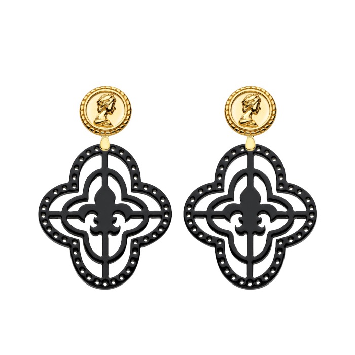 Schwarze Ohrringe mit Fleur de Lis aus Horn mit Ohrstecker Münze Gold