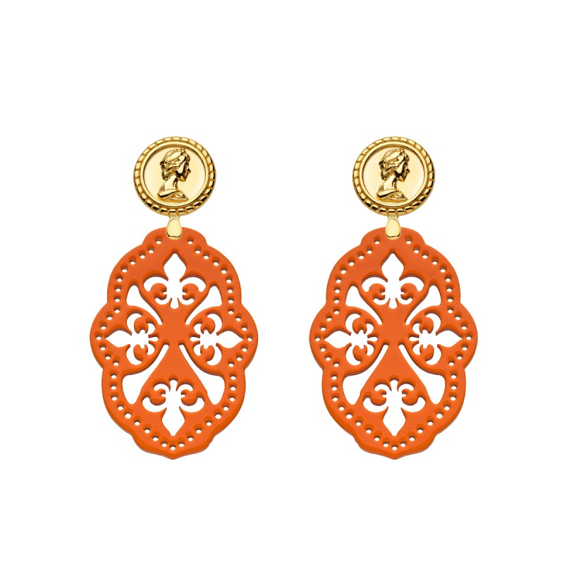 Ohrringe Orange mit Ornamenten und Ohrstecker Münze in Gold
