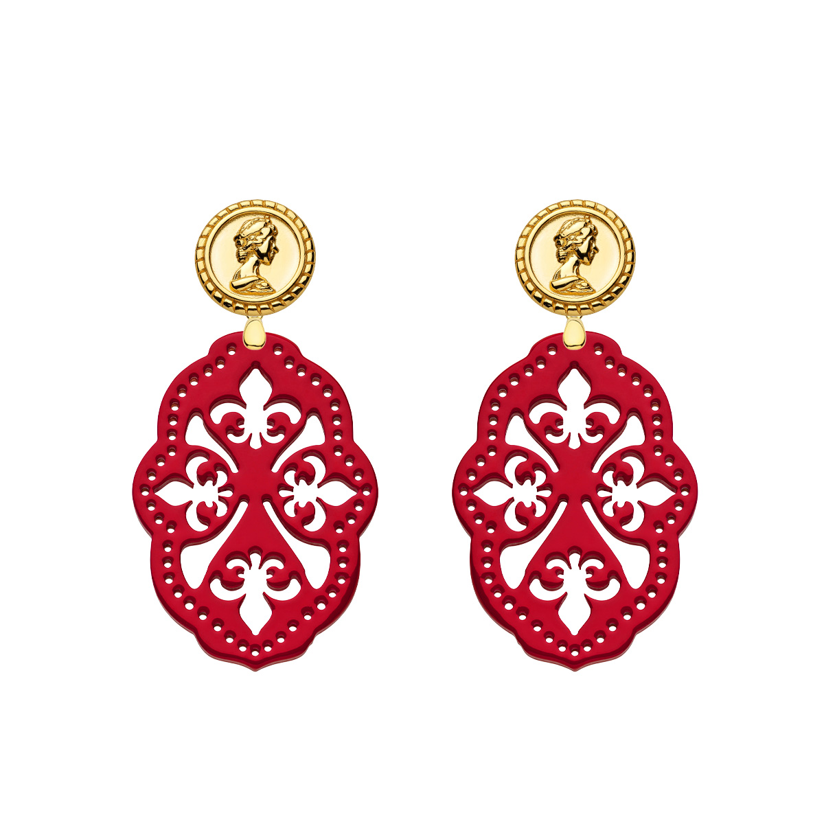 Ohrringe Rot mit Ornamenten und Ohrstecker Münze in Rosegold
