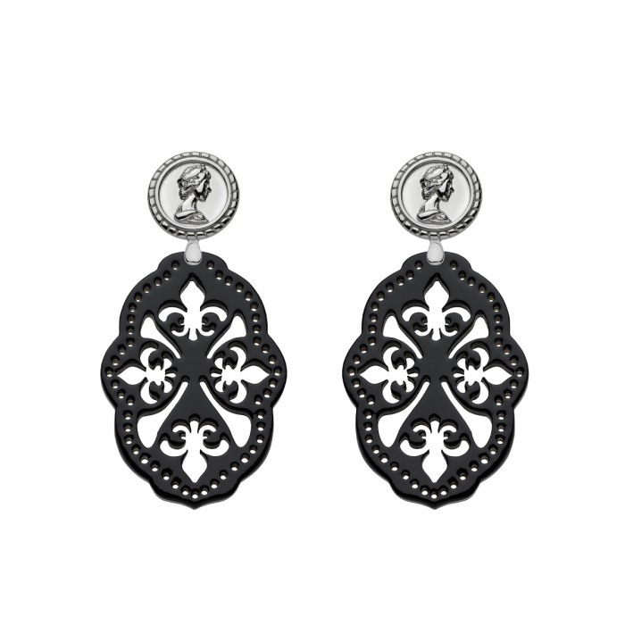 Ohrringe schwarz Fleur de lis Schwarz mit Ornamenten und Münzohrstecker aus Silber