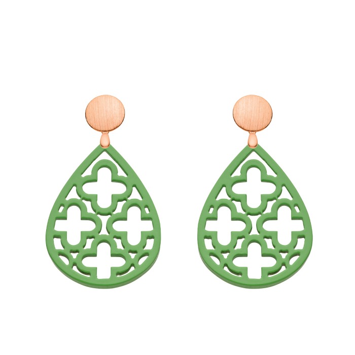 Ohrringe Grün aus Horn in Tropfenform und Ornamente mit matte Rosestecker von Romy North