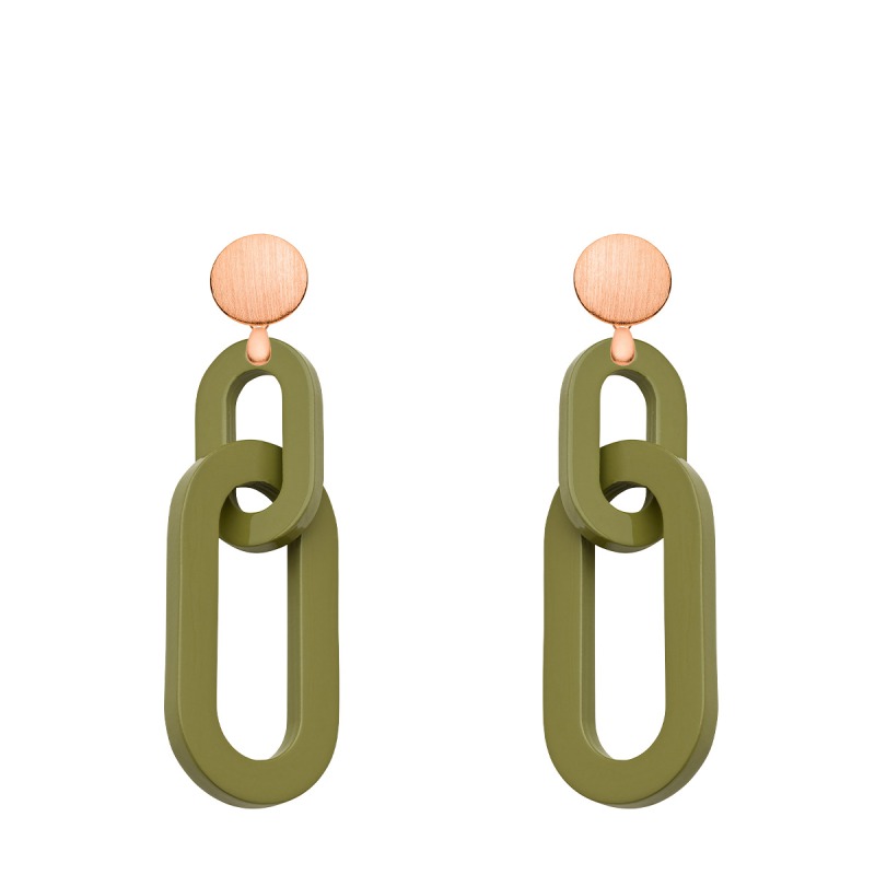 Ohrringe Damen Glieder in Olive aus Horn mit Rosegoldstecker