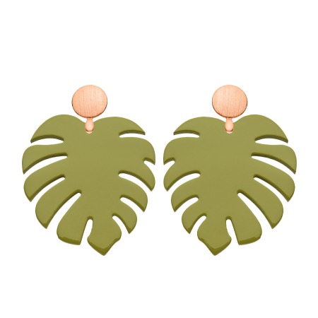 Trend Ohrringe in Form von Blätter in Olivgrün aus geschnitztem Horn mit Ohrstecker Rosegold von Romy North