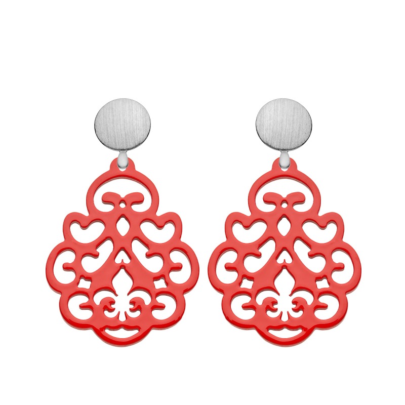 Rote Ohrringe mit geschnitzter Fleur de Lis mit Wechselsystem Silber