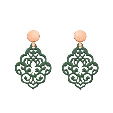 Trend Ohrringe in Dunkelgrün aus Horn mit geschnitzter Fleur de Lis und Rosegold von Romy North