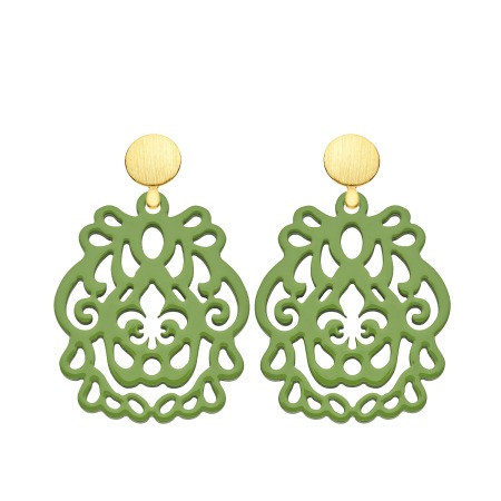 Grüne Ohrringe aus Horn mit Ornamente und runde Ohrstecker Gold matt aus der Bali Kollektion von Romy North