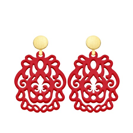 Rote Ohrringe mit cut outs und Fleur de Lis aus Büffelhorn mit runde Ohrstecker Gold aus der Bali Kollektion von Romy North