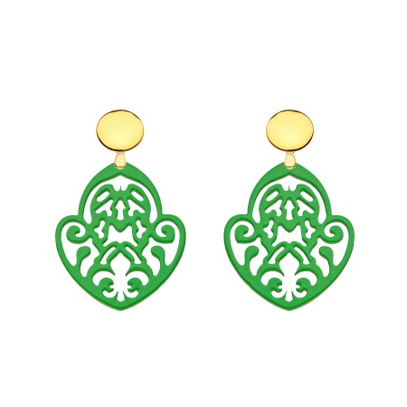 Ohrringe grün aus Horn mit geschnitzter Fleur de Lis mit matte Ohrstecker Gold matt aus der Rimatara Kollektion von Romy North