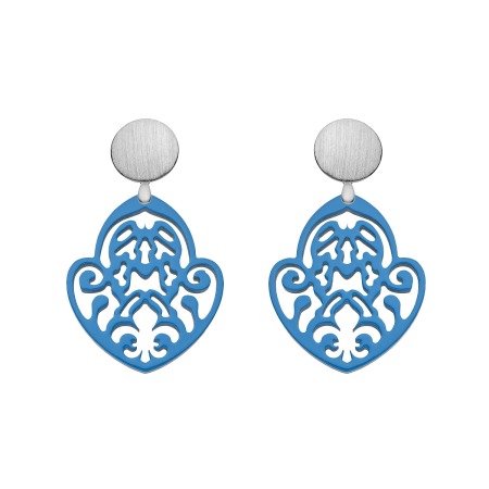 Wechselohrringe mit Ornamente aus Horn in Blau mit Silberstecker aus der Rimatara Kollektion von Romy North
